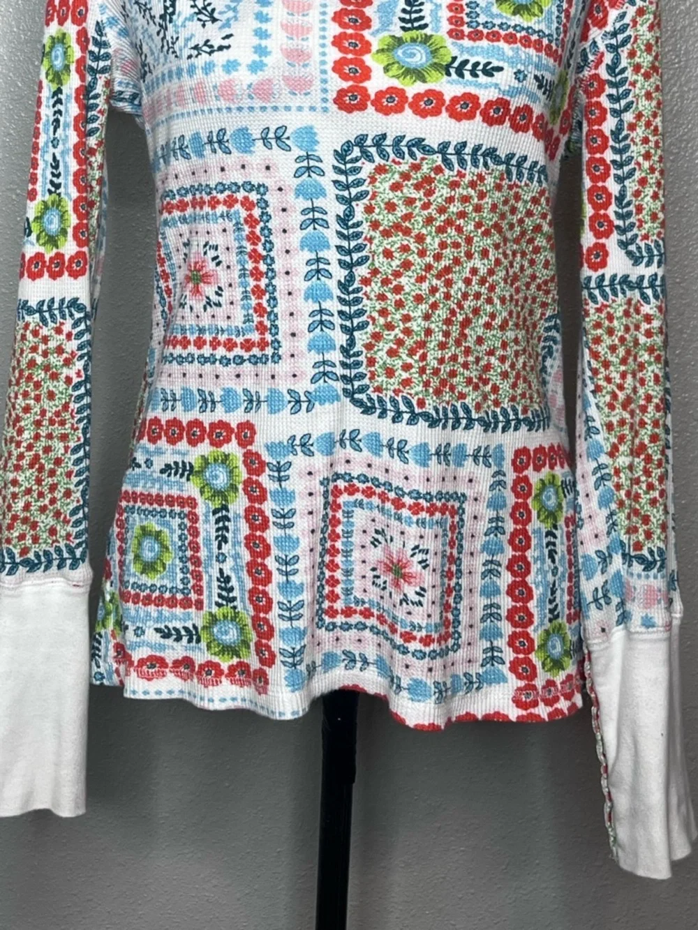 Sundance Sz M Artistic Soul Patchwork Floral Print Boho 100% Cotton Thermal Top